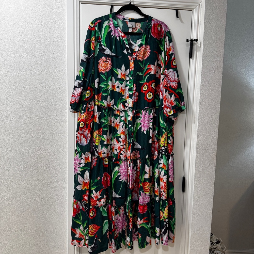 Ulla Popken Green Floral Maxi Dress with Button-Front